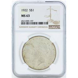 1922 $1 Peace Silver Dollar Coin NGC MS63
