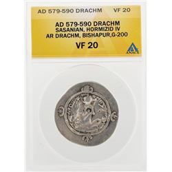 AD 579-590 Drachm Sasanian Hormizid IV AR Drachm Bishapur G-200 Coin ANACS VF20