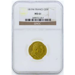 1819W France 20 Francs Gold Coin NGC MS61