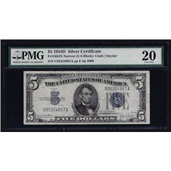 1934D $5 Silver Certificate Note PMG VF20