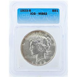 1923-S $1 Peace Silver Dollar Coin ICG MS62