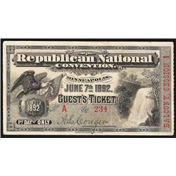 June 7th 1892 Republican National Convention Minneapolis Ticket