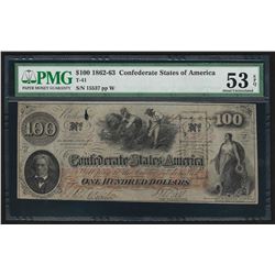 1862-63 $100 The Confederate States of America Note T-41 PMG AU 53EPQ