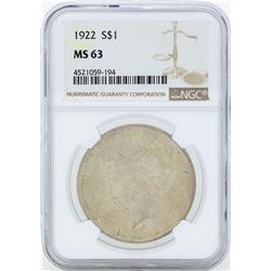 1922 $1 Peace Silver Dollar Coin NGC MS63