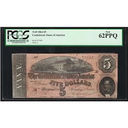 1864 $5 The Confederate States of America Note T-69 PCGS New 62PPQ
