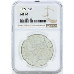 1922 $1 Peace Silver Dollar Coin NGC MS63