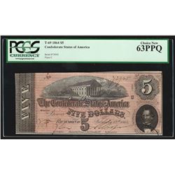 1864 $5 The Confederate States of America Note T-69 PCGS Choice New 63PPQ