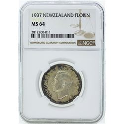 1937 New Zealand Florin Silver Coin NGC MS64