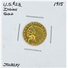 Image 1 : 1915 $2 1/2 Indian Head Quarter Eagle Gold Coin - Jewelry