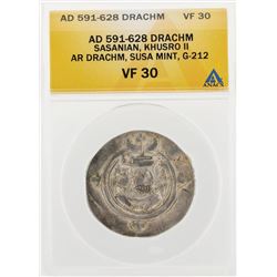 AD 591-628 Drachm Sasanian Khusro II AR Drachm Susa Mint G212 Coin ANACS VF30