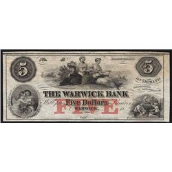 1800's $5 The Warwick Bank Rhode Island Obsolete Note
