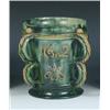 Image 1 : 'No.16', a green four handled vessel, the twin lug handles edged in yellow rope, the date  '1612' a.