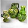 Image 1 : Two vases and a green jug, the green double gourd vase moulded with vine band below yellow chevrons.
