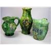 Image 1 : Three green jugs, the tallest with yellow and raspberry quatrefoil below the spout and ringed neck,.