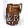 Image 1 : 'CR 1646', a mauve brown mug, the body with two horizontal lobes and blue tinged white slip inscrip.