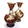Image 1 : 'H2 55', a pair of brown baluster vases, each applied with two sprays of white lilies on green leav.