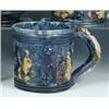 Image 1 : 'No.30', two blue mugs inscribed with the seasons over yellow figures drinking, the handles applied.