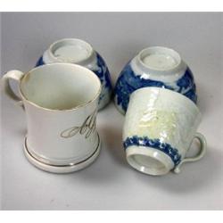 A Lowestoft blue and white coffee cup (D), two Mason's blue and white tea bowls (D) and 'A Gift' ch.