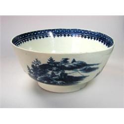 An 18th century Caughley blue and white bowl printed with the fisherman pattern on the exterior and.