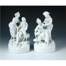 A pair of late 18th/early 19th century French biscuit groups, possibly Tournai, one with the shephe.