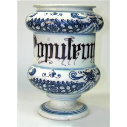 A late 18th/early 19th century Italian maiolica drug jar, possibly Savona, the manganese inscriptio.