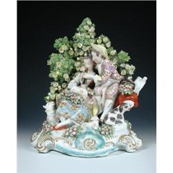 A Samson 'Gold Anchor' bocage group, the 18th century gallant teaches a shepherdess to play the hor.