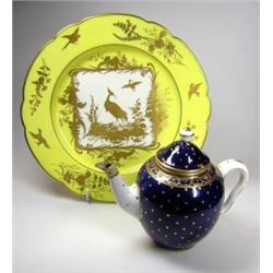 A Savigny Les Eaux decorated Chantilly plate, the gilt insects birds and foliage on a yellow ground.