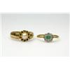 Image 1 : An 18ct gold and platinum ring with emerald and diamond cluster and a gold ring with single pearl i.