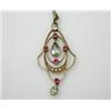 Image 1 : A 15ct gold art nouveau style openwork pendant set with aquamarine, rubies and pearls, 50mm, on a f.