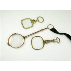 A pair of 9ct gold framed lorgnettes, together with two gilt framed reading glasses (3)    £100-150.