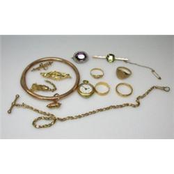 A mixed lot of decorative jewellery including: a 9ct gold fancy boxlink watch chain (a/f); three sm.