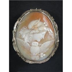 An oval carved shell cameo depicting Pallas Athene and the owl, 62 x 51mm, in silver brooch mount...