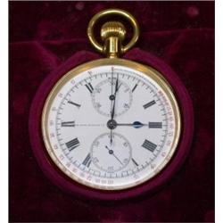 An 18ct gold open face pocket keyless stopwatch, the white enamelled dial printed in black with Rom.