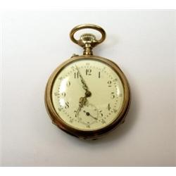 A 14ct gold cased open faced keyless pocket watch, the ivory coloured dial printed with Roman hours.