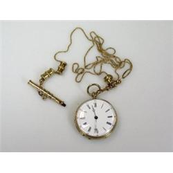 A French gold cased open face fob watch with white enamel dial printed with Roman numerals, the inn.