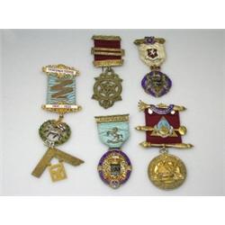 Five Masonic medals including: a 9ct gold and polychrome enamel medal, the bars with "Tricesimus Te.