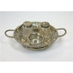 An electroplate cruet by Martin Hall & Co, the stand formed as a basket, the rope twist wire divide.