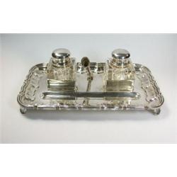 A modern Continental metalwares inkstand, marked Greggia, 800, of rectangular shape with moulded ed.