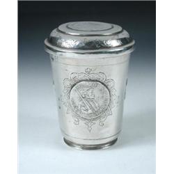 A late 18th century German beaker and cover, marks indistinct, of plain tapering cylindrical shape,.