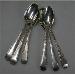 A matched set of six George III silver Old English bright cut teaspoons, various makers and dates,..