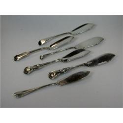 A group of six silver butter knives including: two King's pattern examples (1 x George Adams, Londo.