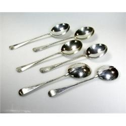 A set of six silver rattail pattern soup spoons possibly by William Bruford & Sons Ltd, London 1938.