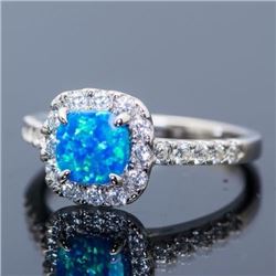 Sterling Silver .925 and Synthetic Blue Opal Halo Ring