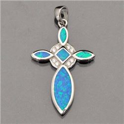 Silver and Synthetic Blue Opal Cross Pendant