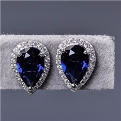 Pair of Sterling Silver Teardrop Halo Studs blue sapphire