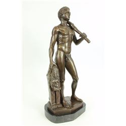 A man Holding A Club With Lion Bronze Sculpture on Marble base Statue