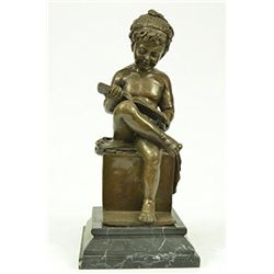 Young Girl Reading Book Bronze Sculpture on Marble Base Figurine
