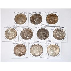 10 silver dollars, peace, morgan, panama balboa and venezuela bolivar