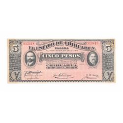 Mexico state of Chihuahua 5 peso paper money, February 1914