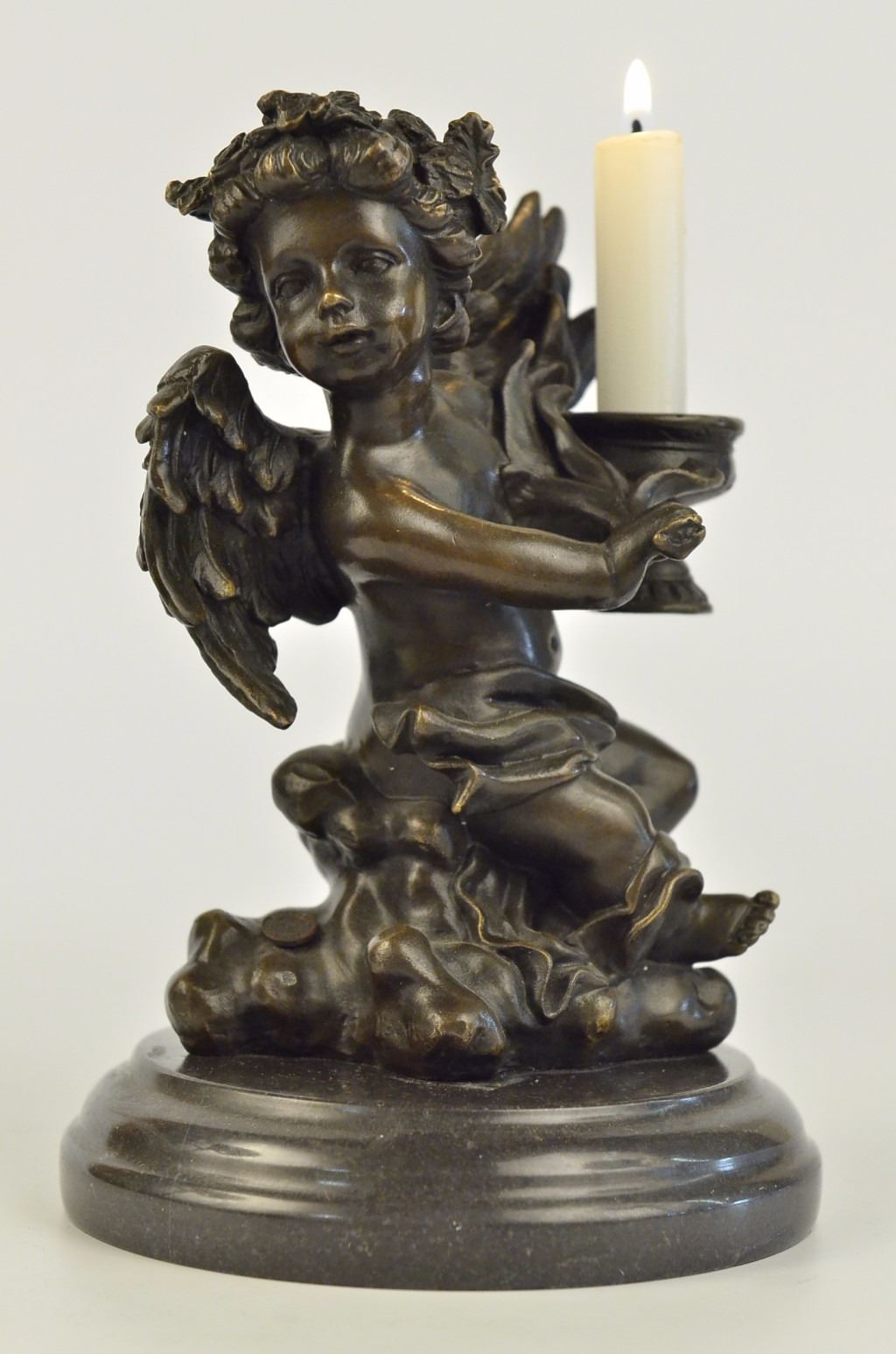 Cherub Angel With Flowers Bronze Sculpture Candle Holder (9"X5")